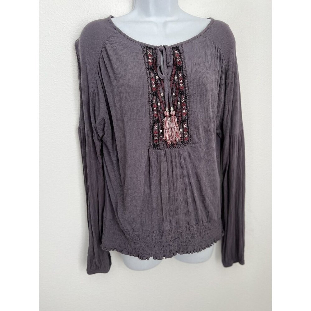 Knox Rose Women’s Gray Embroidered Crepe Wrinkled Long Sleeve Blouse Boh…